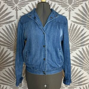 Vtg Denim Bomber Jacket Womens Sz M Blue Snap Front Pleated Puff Shoulders 80s